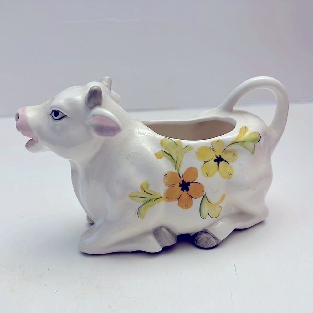 Vintage Old Ceramic Cow Creamer Laying Down Handpainted Flowers